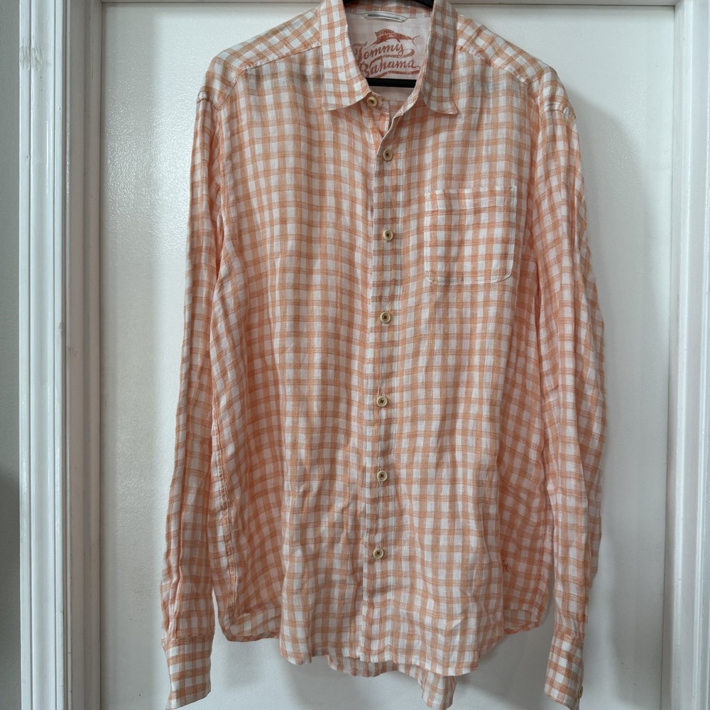 Tommy Bahama Relax Gingham Linen Button Down Shirt Mens L Orange White